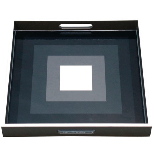 Contemporary lacquered wood tray with geometric Black gray and white squares design.