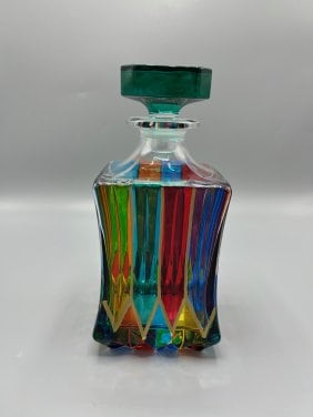 Murano Style Multi-Color Rainbow with gold highlights Decanter with Green top by Zecchin
