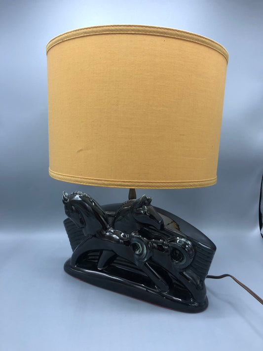 Mid-Century Porcelain Hollywood Regency Sculptural Black Horse Accent Table Lamp w/ Shade.