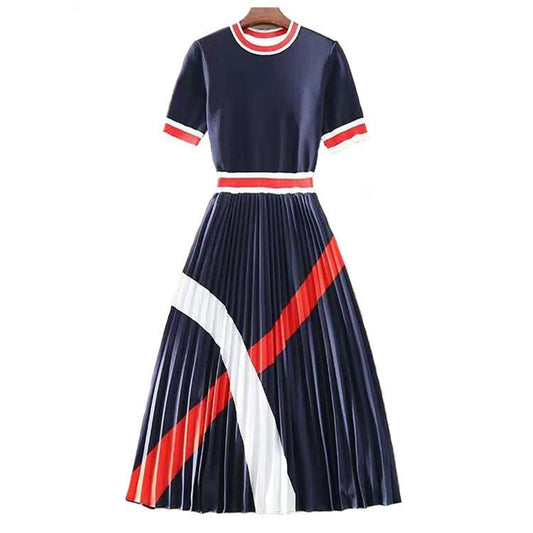 Designer Nautical Inspired Pleated Knit Chiffon Midi Dress