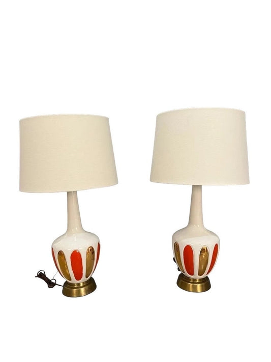 Mid-Century Glass orange and gold table lamps pair 1960s