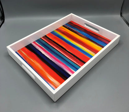 Handmade contemporary lacquer wood tray with multi color abstract titled: “Tuffi Fruitti” designed by “Magic Hill