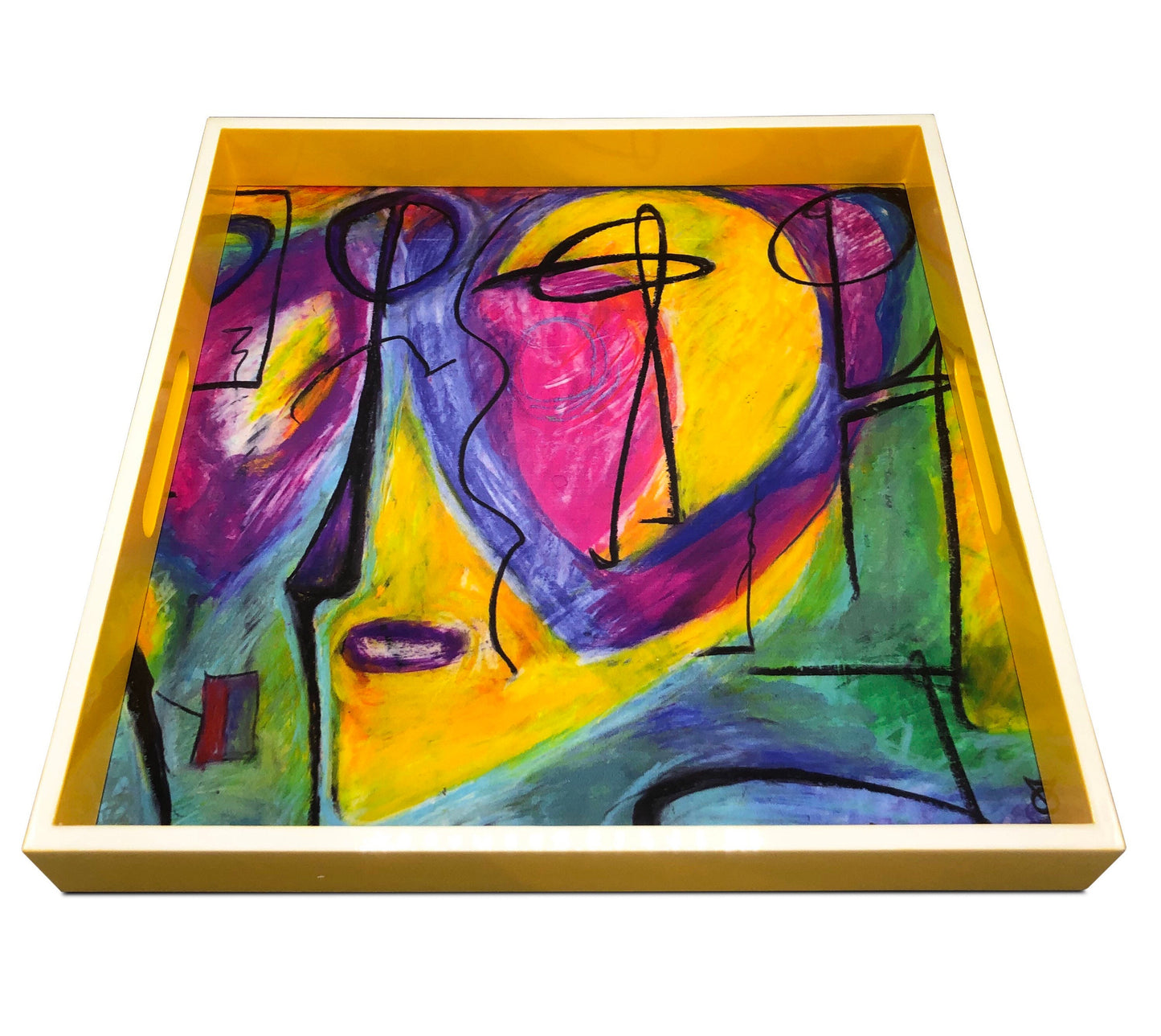 Handmade contemporary lacquer wood tray with multi color abstract titled:”MYRA” designed by “Bruce Mishell”16” x 16” inches