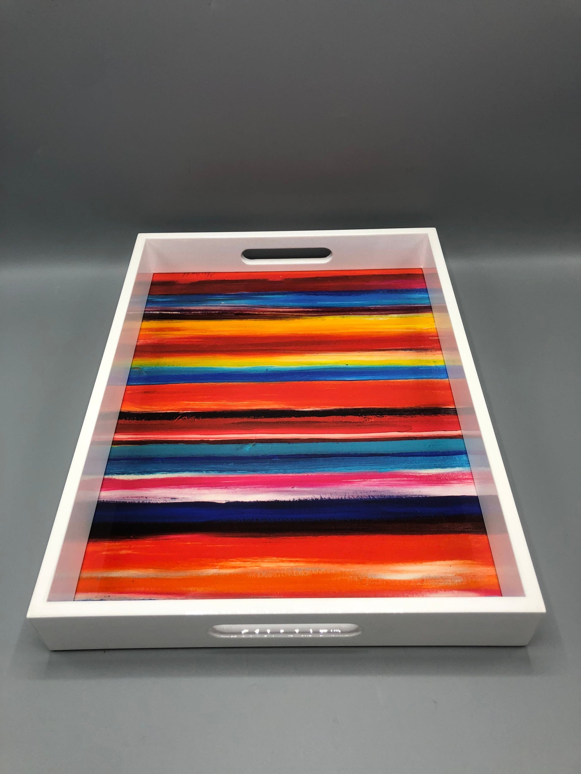 Handmade contemporary lacquer wood tray with multi color abstract titled: “Tuffi Fruitti” designed by “Magic Hill