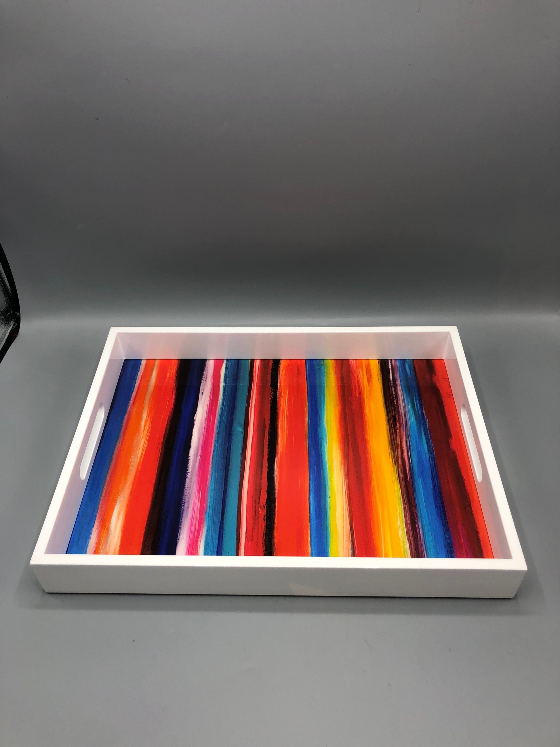 Handmade contemporary lacquer wood tray with multi color abstract titled: “Tuffi Fruitti” designed by “Magic Hill