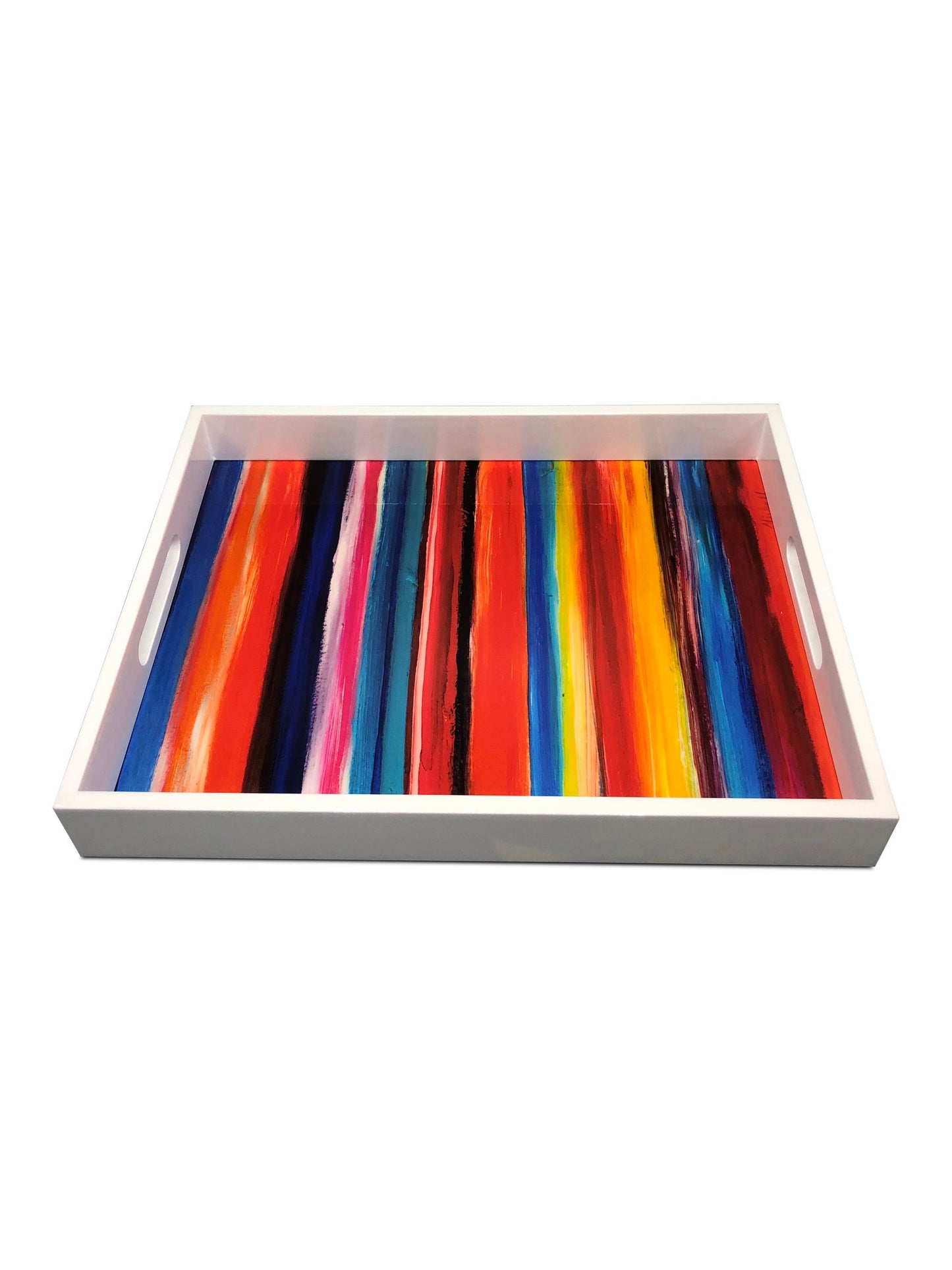 Handmade contemporary lacquer wood tray with multi color abstract titled: “Tuffi Fruitti” designed by “Magic Hill