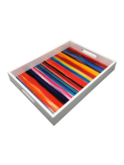 Handmade contemporary lacquer wood tray with multi color abstract titled: “Tuffi Fruitti” designed by “Magic Hill