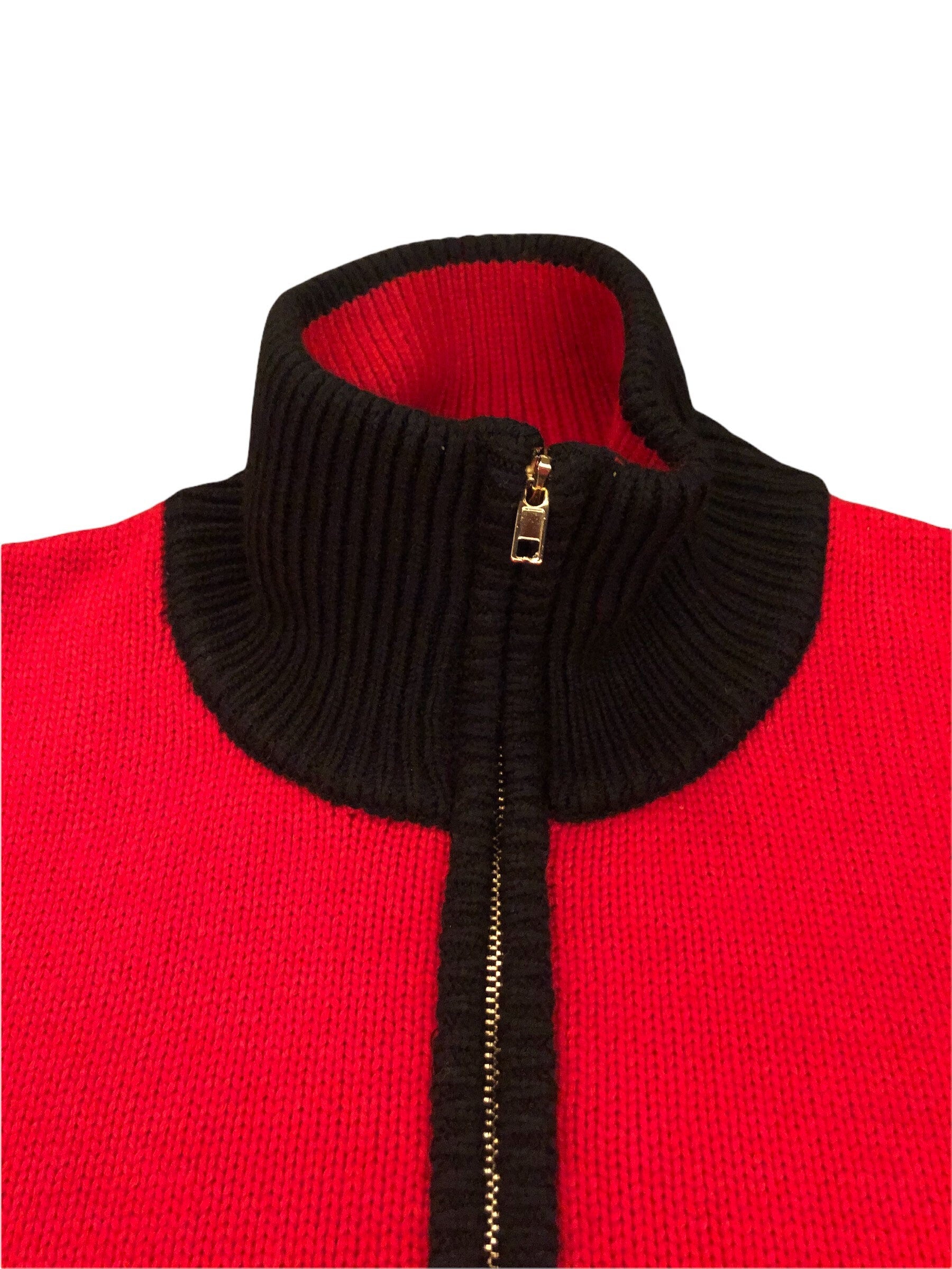 intarsia Red & Black cardigan 100% Merino Wool with Zipper and two pockets. Not Available Backorder Only