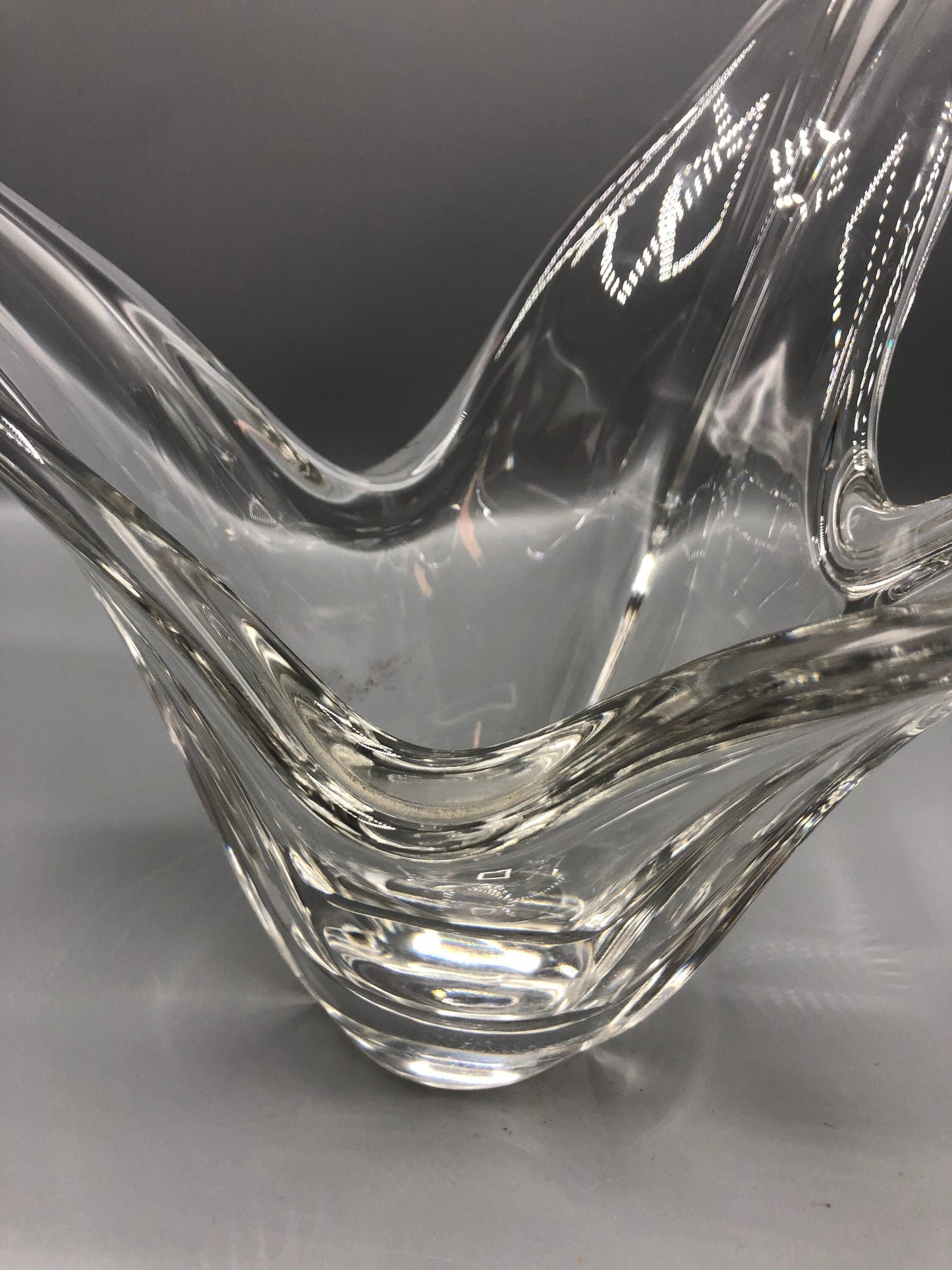 Signed &quot;Vous Loudock&quot; Mid-Century Sculptural Crystal Tulip Vase