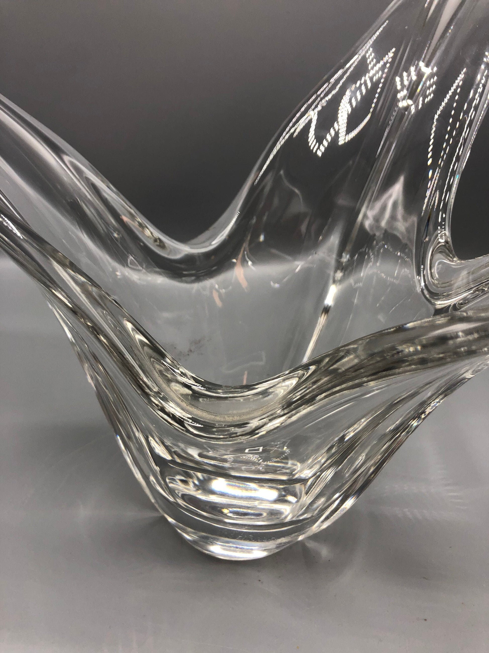 Signed &quot;Vous Loudock&quot; Mid-Century Sculptural Crystal Tulip Vase