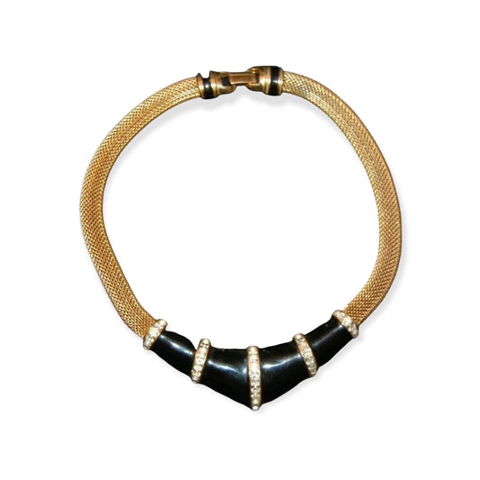 Elegant Vintage Oscar De La Renta Couture Black Enamel Pave Golden Choker Necklace