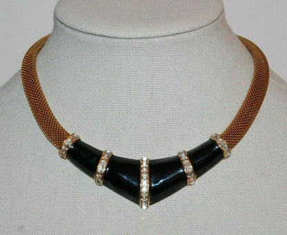 Elegant Vintage Oscar De La Renta Couture Black Enamel Pave Golden Choker Necklace