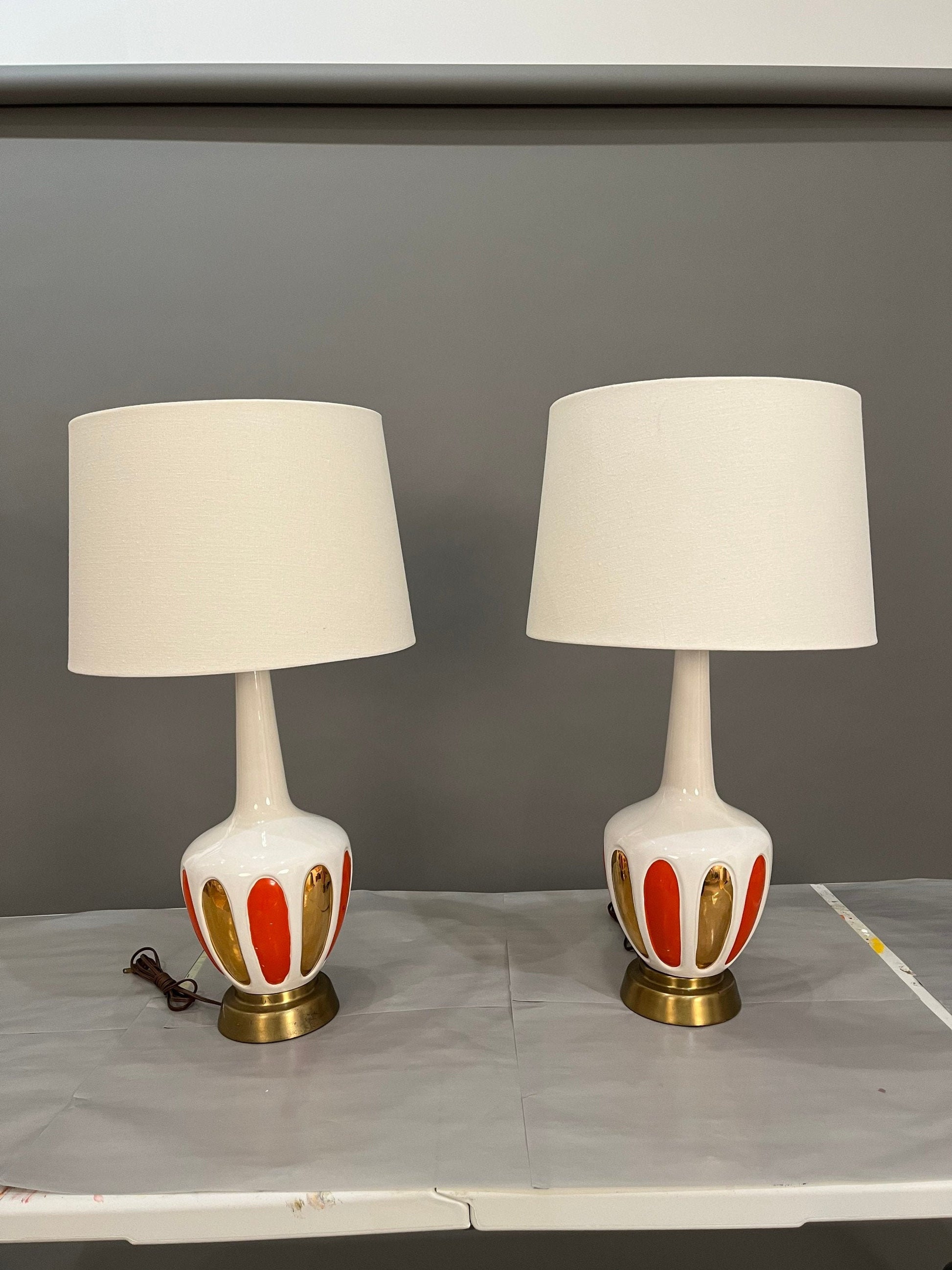 Mid-Century Glass orange and gold table lamps pair 1960s