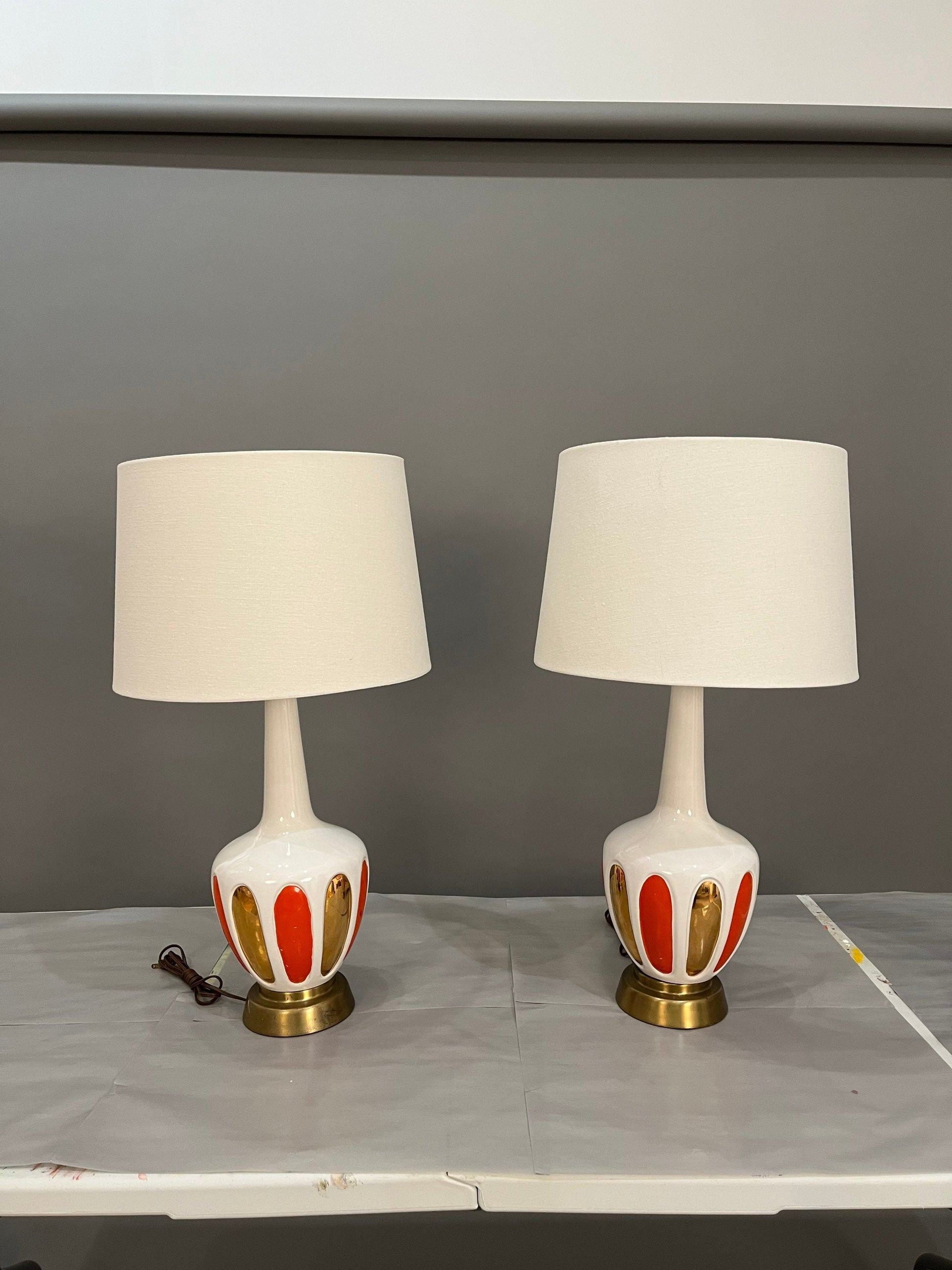 Mid-Century Glass orange and gold table lamps pair 1960s