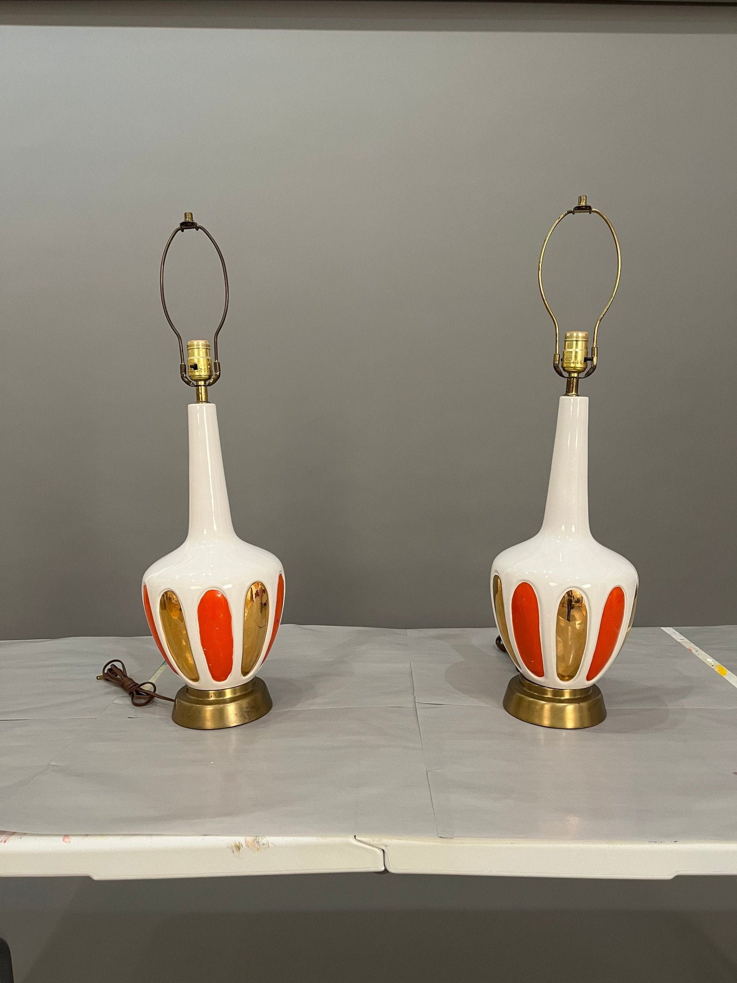 Mid-Century Glass orange and gold table lamps pair 1960s