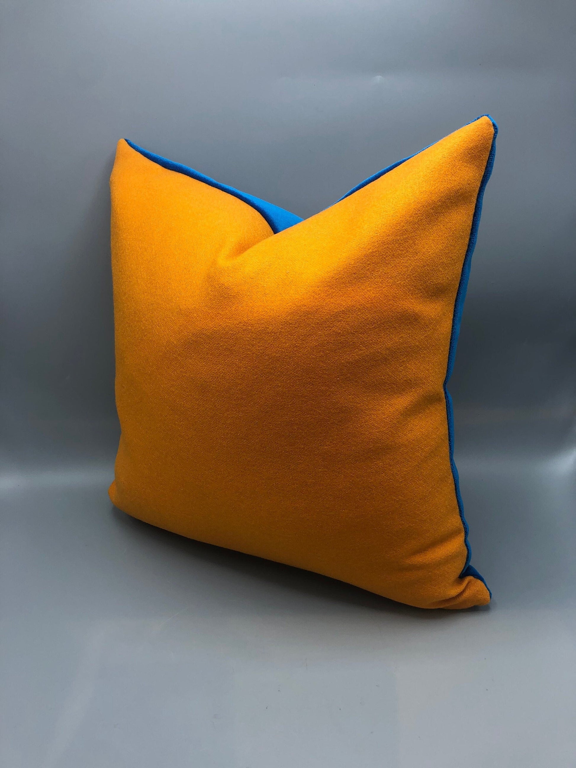 Handmade wool square pillow blue and mustard color down feather insert. 18” x 18”