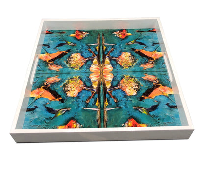 Handmade contemporary lacquer wood tray with multi color abstract titled: The Birds” designed by “Bruce Mishell”16” x 16” inches