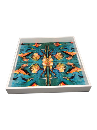 Handmade contemporary lacquer wood tray with multi color abstract titled: The Birds” designed by “Bruce Mishell”16” x 16” inches