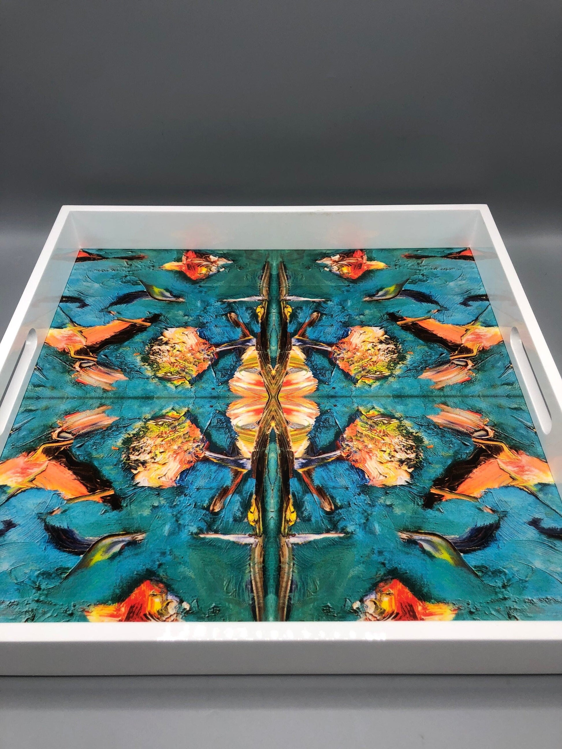 Handmade contemporary lacquer wood tray with multi color abstract titled: The Birds” designed by “Bruce Mishell”16” x 16” inches