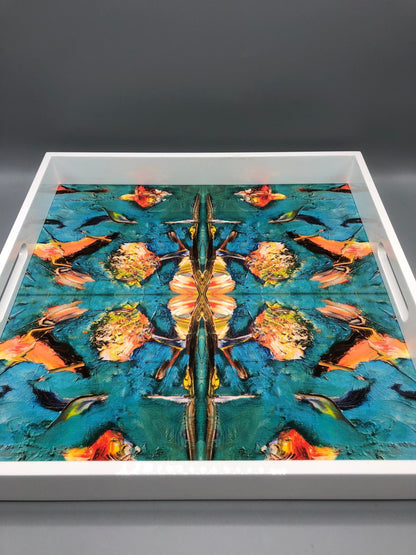 Handmade contemporary lacquer wood tray with multi color abstract titled: The Birds” designed by “Bruce Mishell”16” x 16” inches