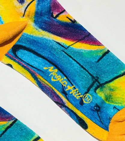 Casual Dressy Sock 100% cotton perfect for the summer or winte with Bruce Mishell Art work. Feels great on the skin.