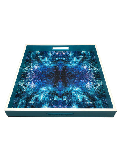 Handmade contemporary lacquer wood tray titled: “Blue Ocean” designed by “Magic Hill W16 x D16 x H2