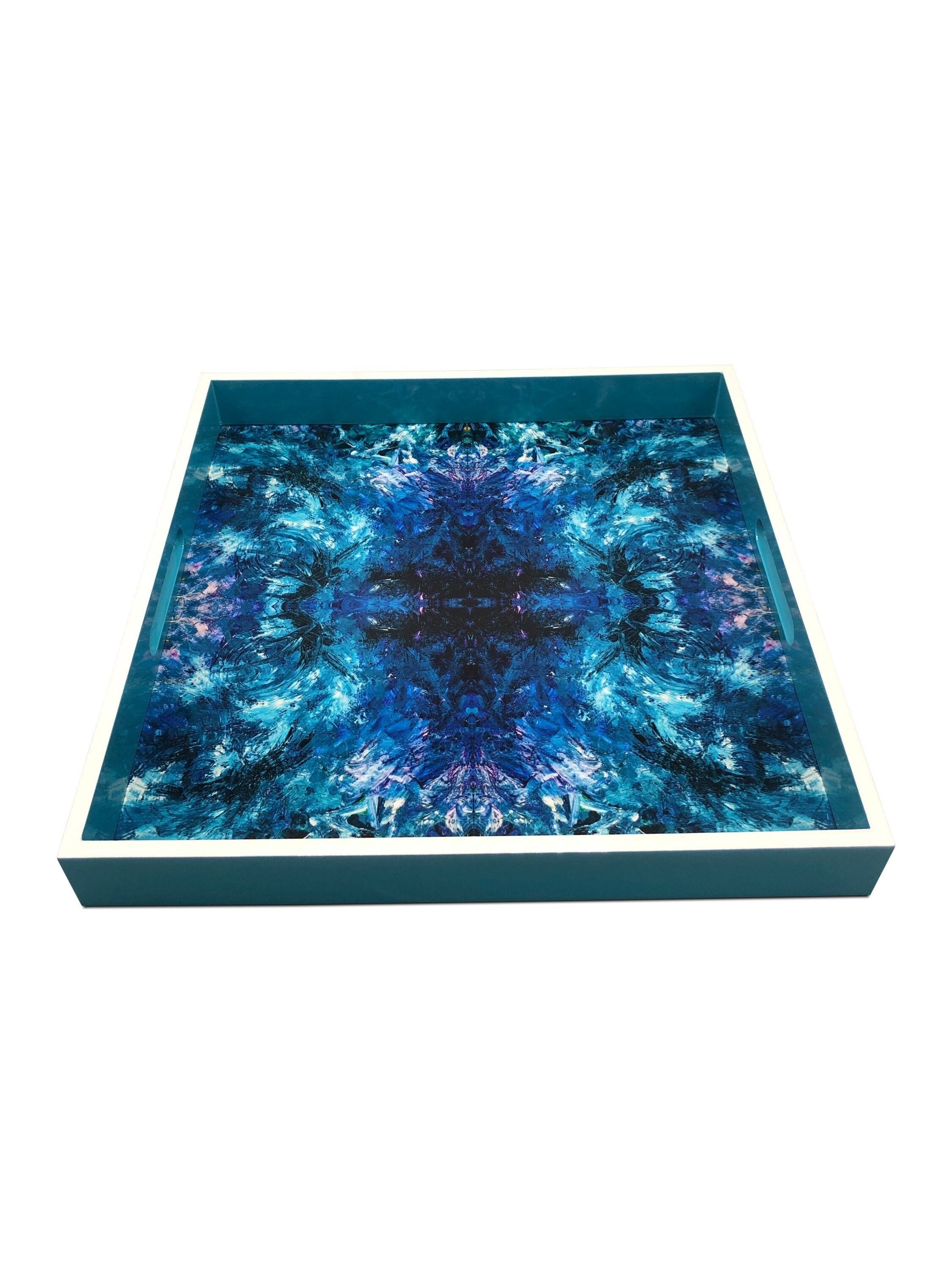 Handmade contemporary lacquer wood tray titled: “Blue Ocean” designed by “Magic Hill W16 x D16 x H2