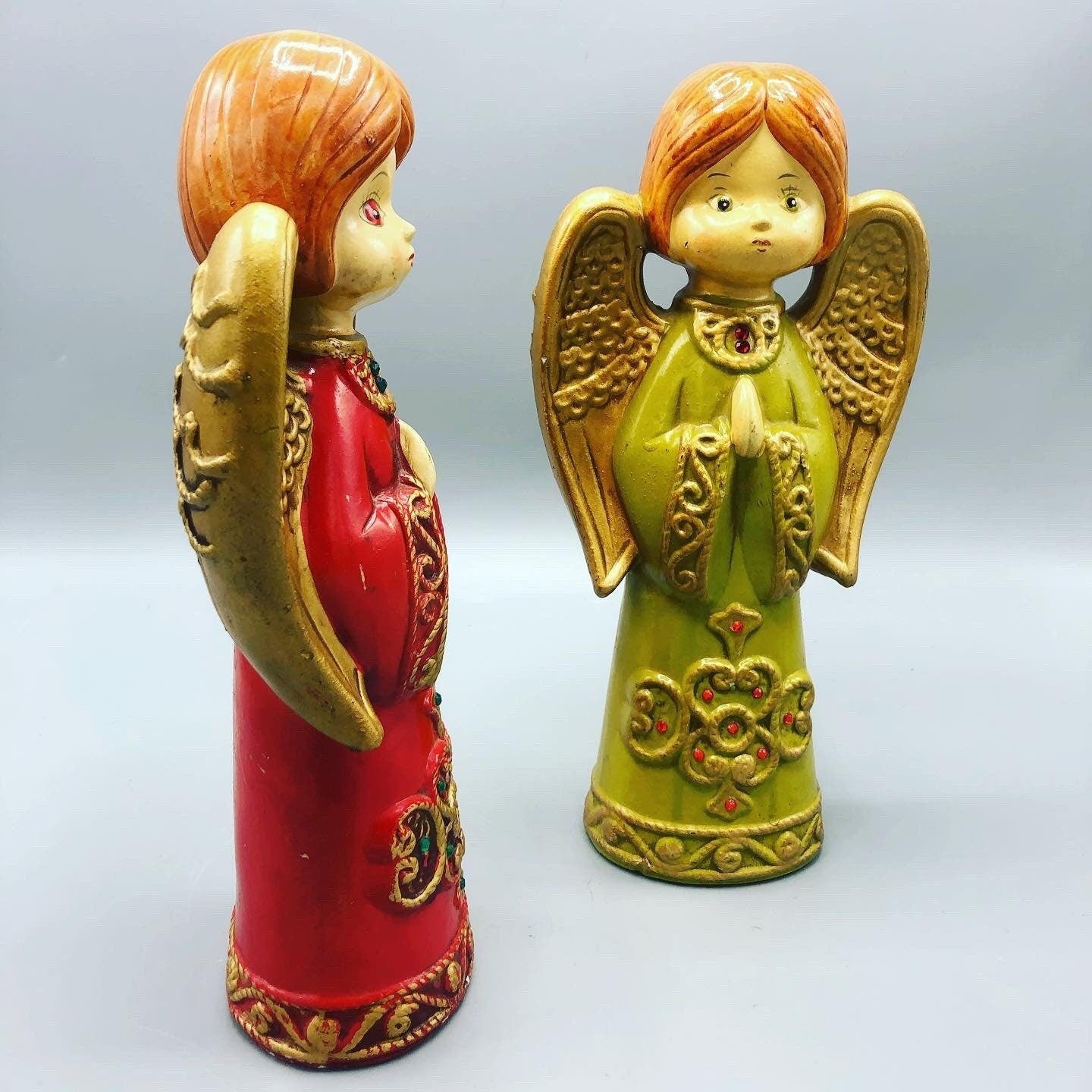 Mid century pair of hand made porcelain angels green and red 1980’a circa signed