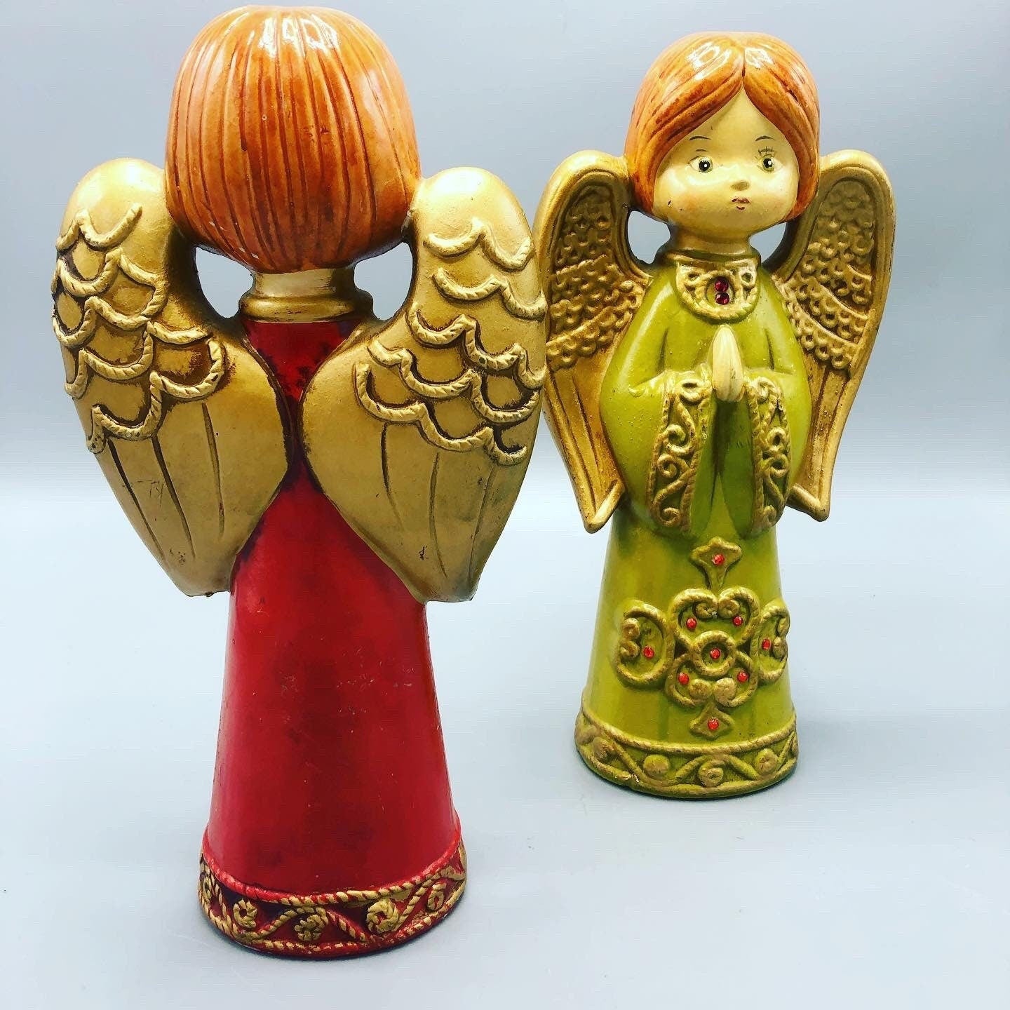 Mid century pair of hand made porcelain angels green and red 1980’a circa signed