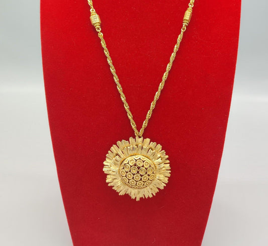 Vintage Signed Designer Runway &quot;MONET&quot; Gilt Gold Sunflower Pendant Necklace