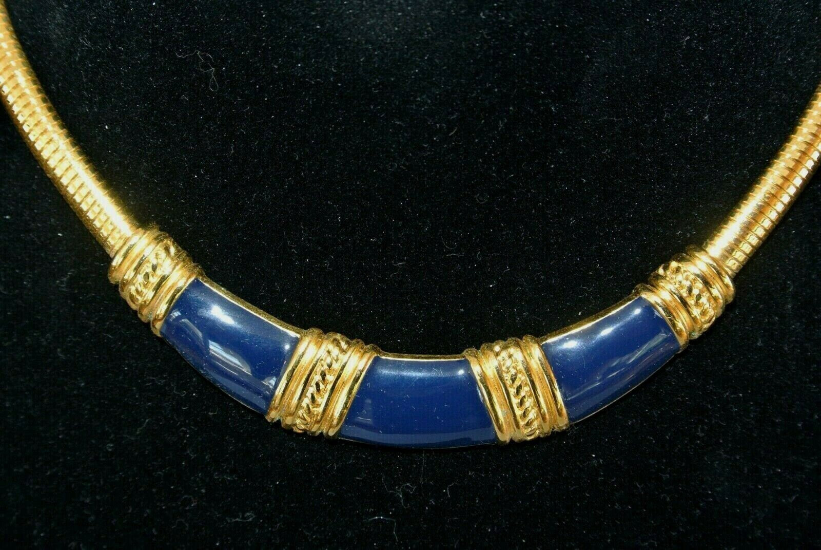 Vintage signed MONET Navy Blue Enamel Omega Chain Egyptian Revival Collar Necklace