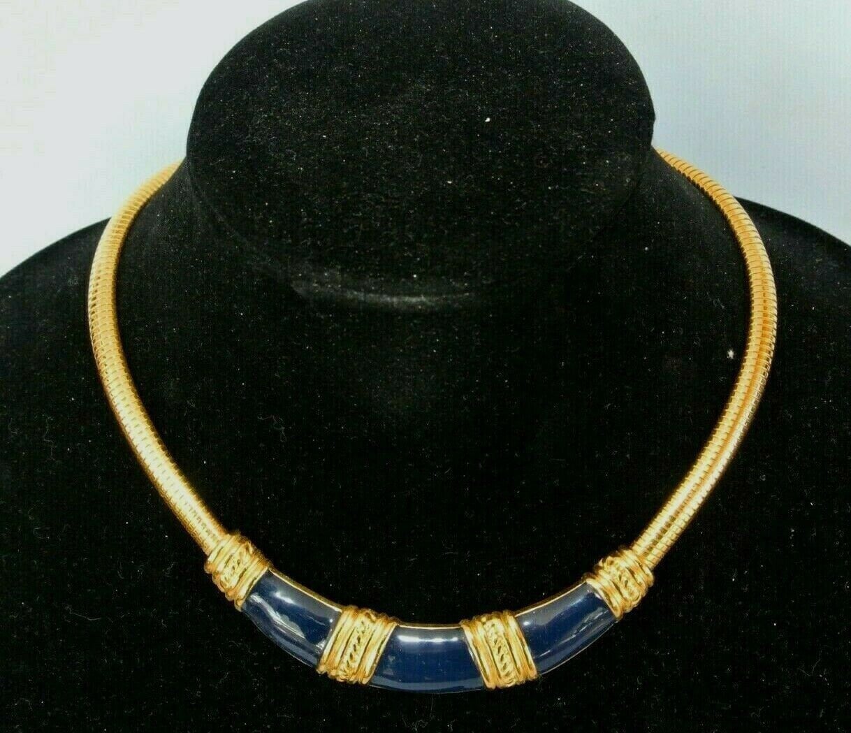 Vintage signed MONET Navy Blue Enamel Omega Chain Egyptian Revival Collar Necklace