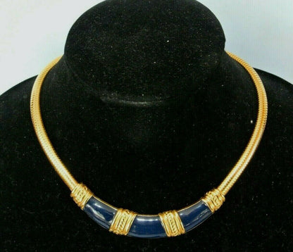 Vintage signed MONET Navy Blue Enamel Omega Chain Egyptian Revival Collar Necklace