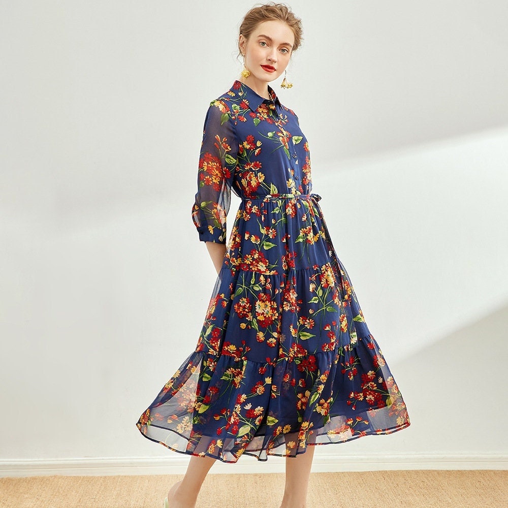 100% Silk Chiffon Collared Button Down Floral Print Midi Dress