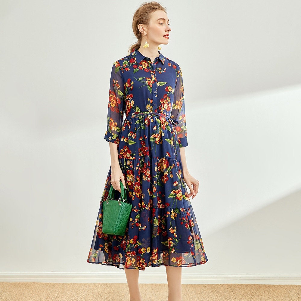 100% Silk Chiffon Collared Button Down Floral Print Midi Dress