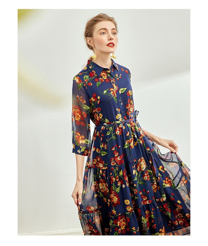 100% Silk Chiffon Collared Button Down Floral Print Midi Dress