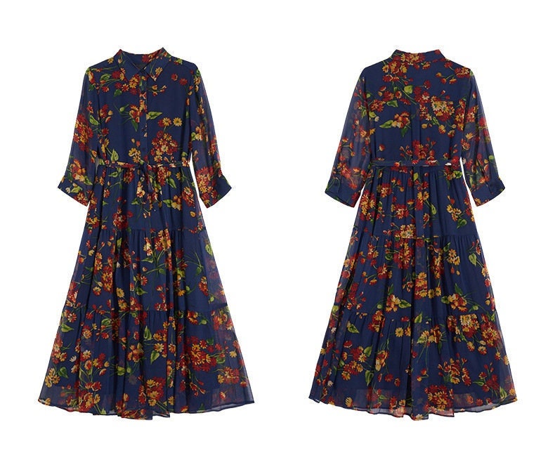 100% Silk Chiffon Collared Button Down Floral Print Midi Dress