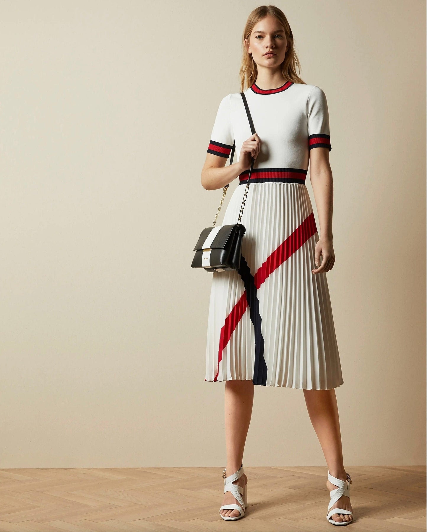 Designer Nautical Inspired Pleated Knit Chiffon Midi Dress