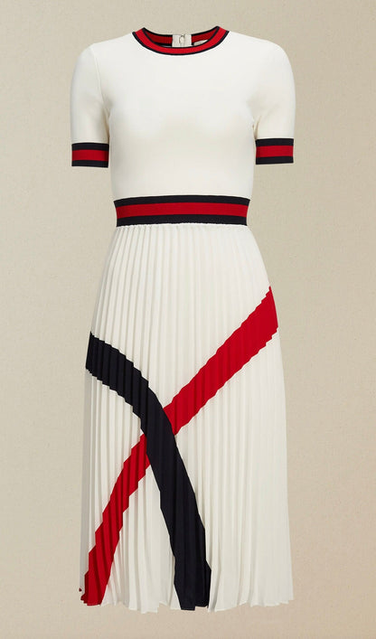 Designer Nautical Inspired Pleated Knit Chiffon Midi Dress