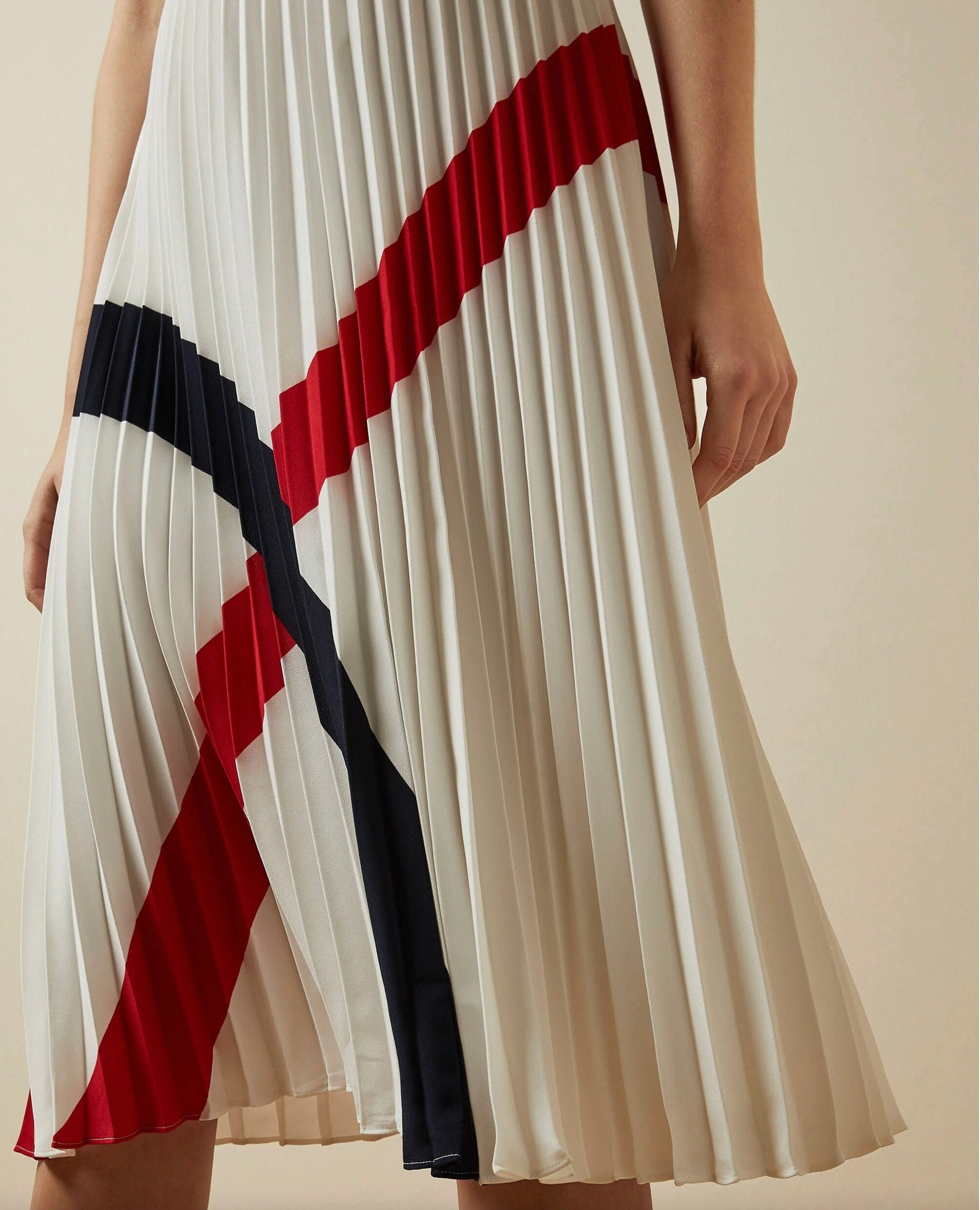 Designer Nautical Inspired Pleated Knit Chiffon Midi Dress