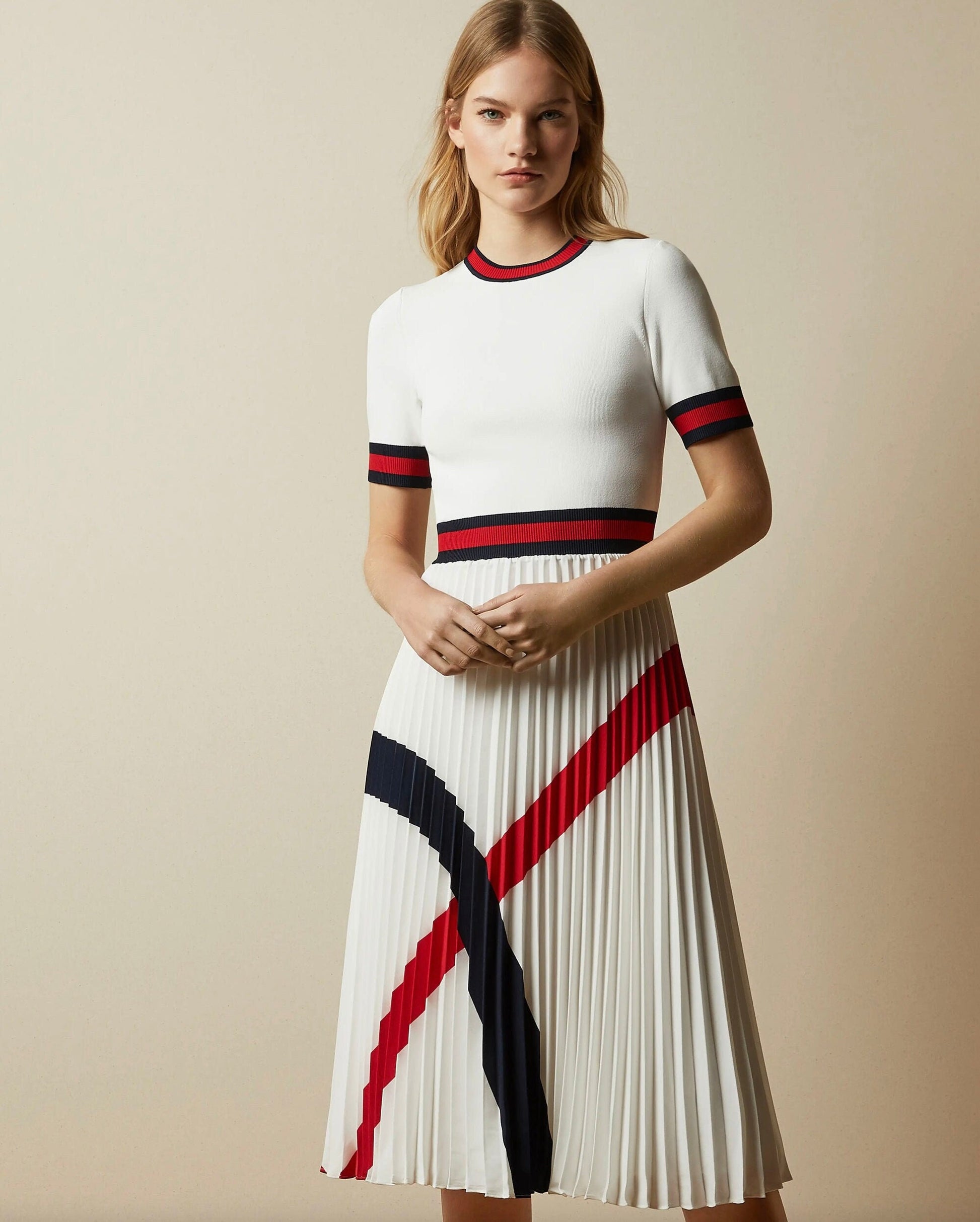 Designer Nautical Inspired Pleated Knit Chiffon Midi Dress