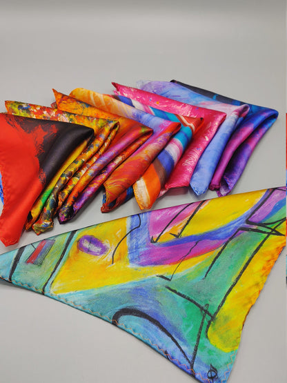 100% Silk handkerchief scarf pocket square print by artist, Bruce Mishell