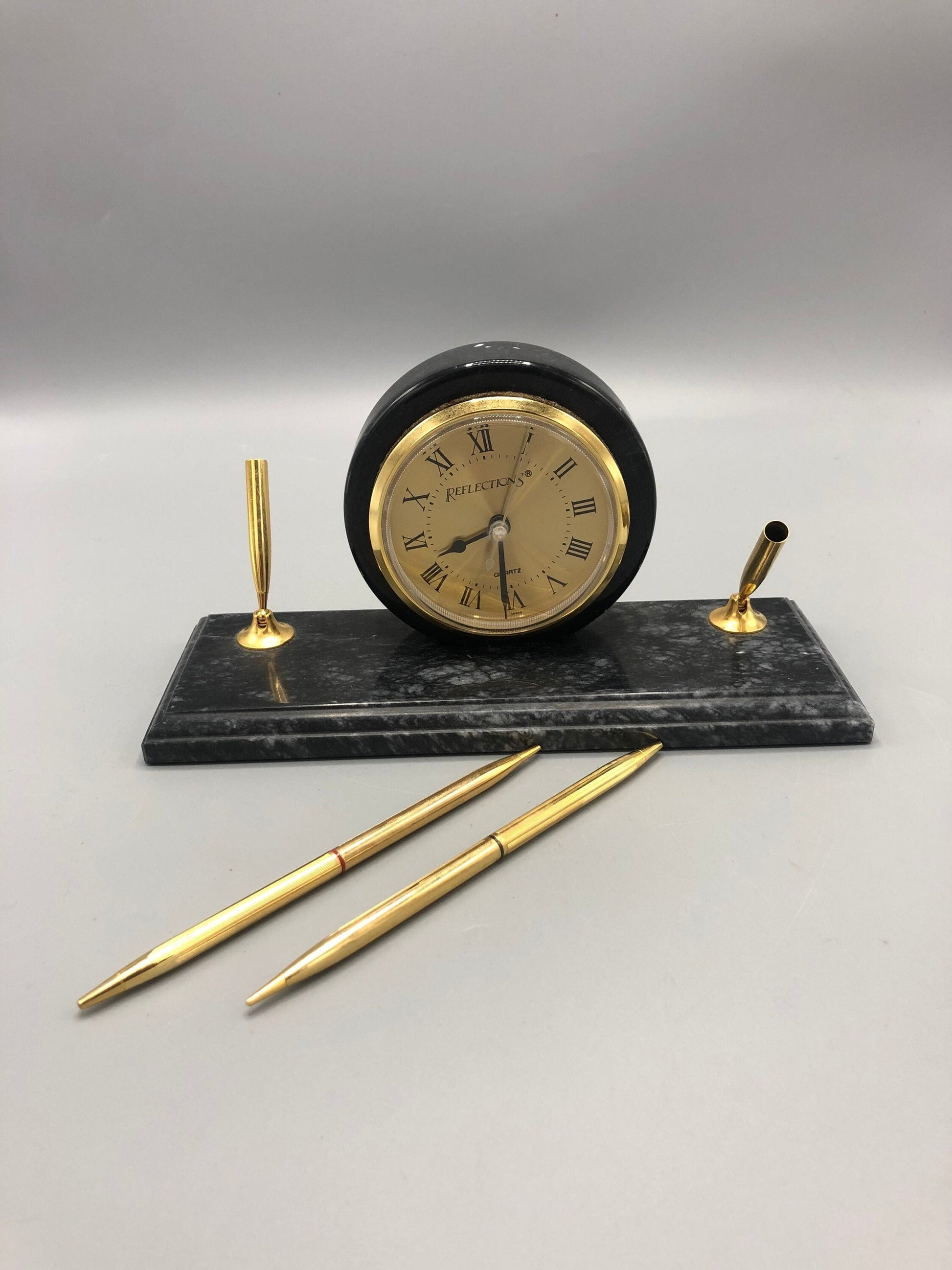 Mid-Century marble desk clock stationary with two pen holders. 1960’s. Circa