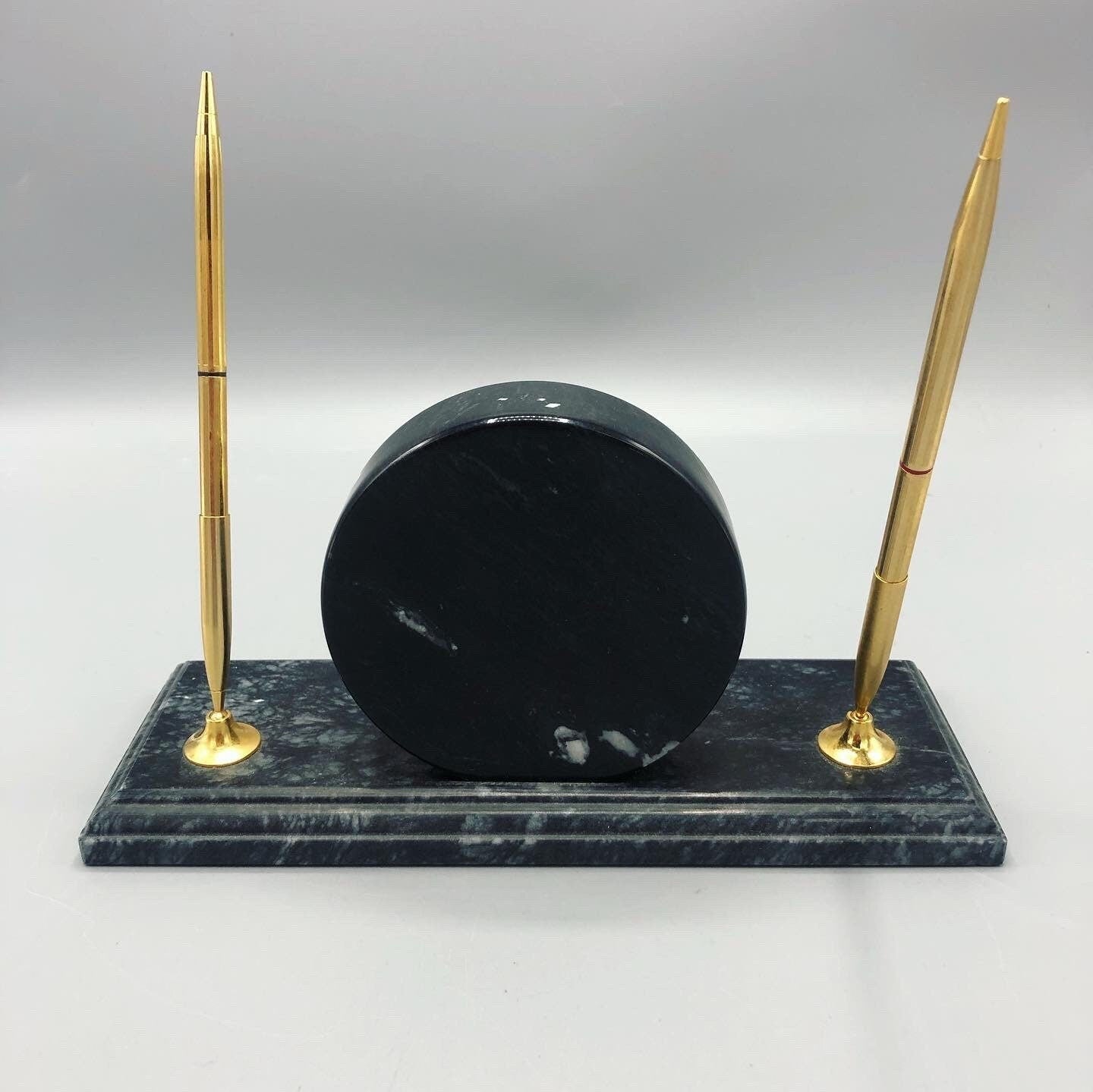 Mid-Century marble desk clock stationary with two pen holders. 1960’s. Circa