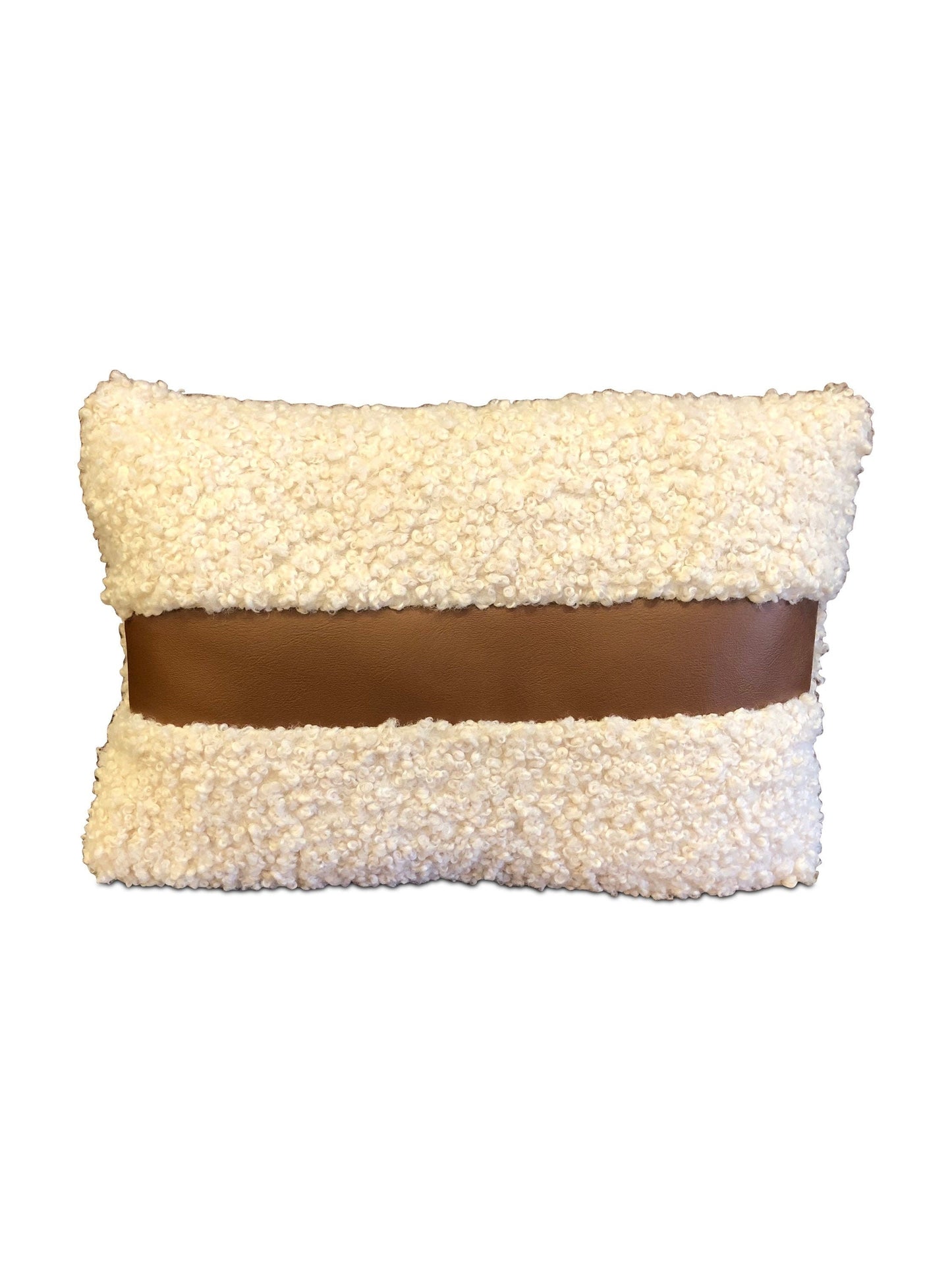 Cream Boucle Faux Sherling & Leather Stripe Lumbar Pillow