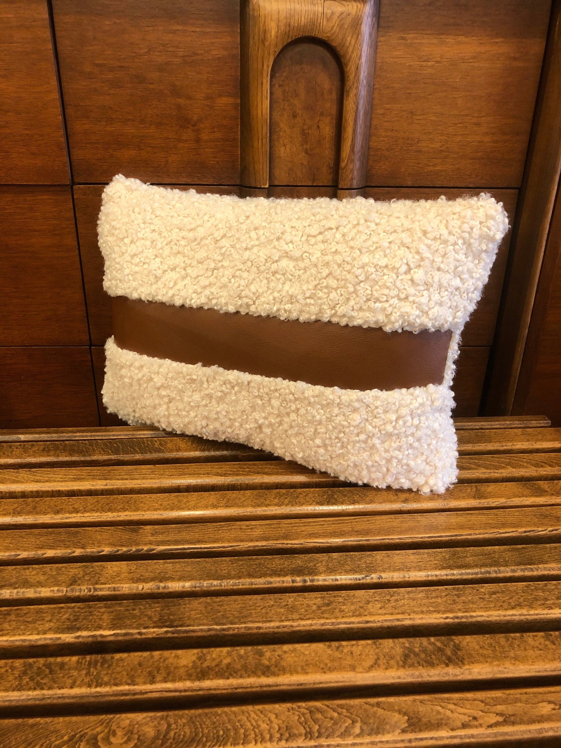 Cream Boucle Faux Sherling & Leather Stripe Lumbar Pillow