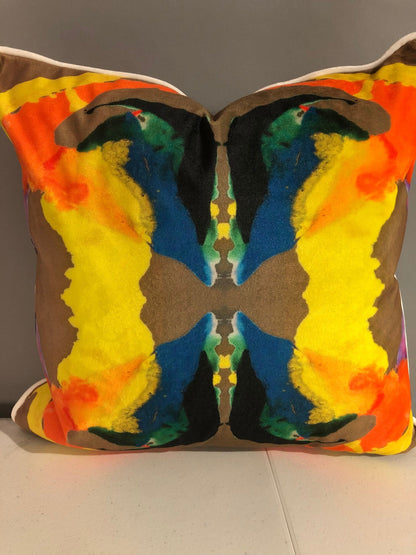 Contemporary abstract kaleidoscope pillows with print on velvet both sides with white piping 16” x 16” inches