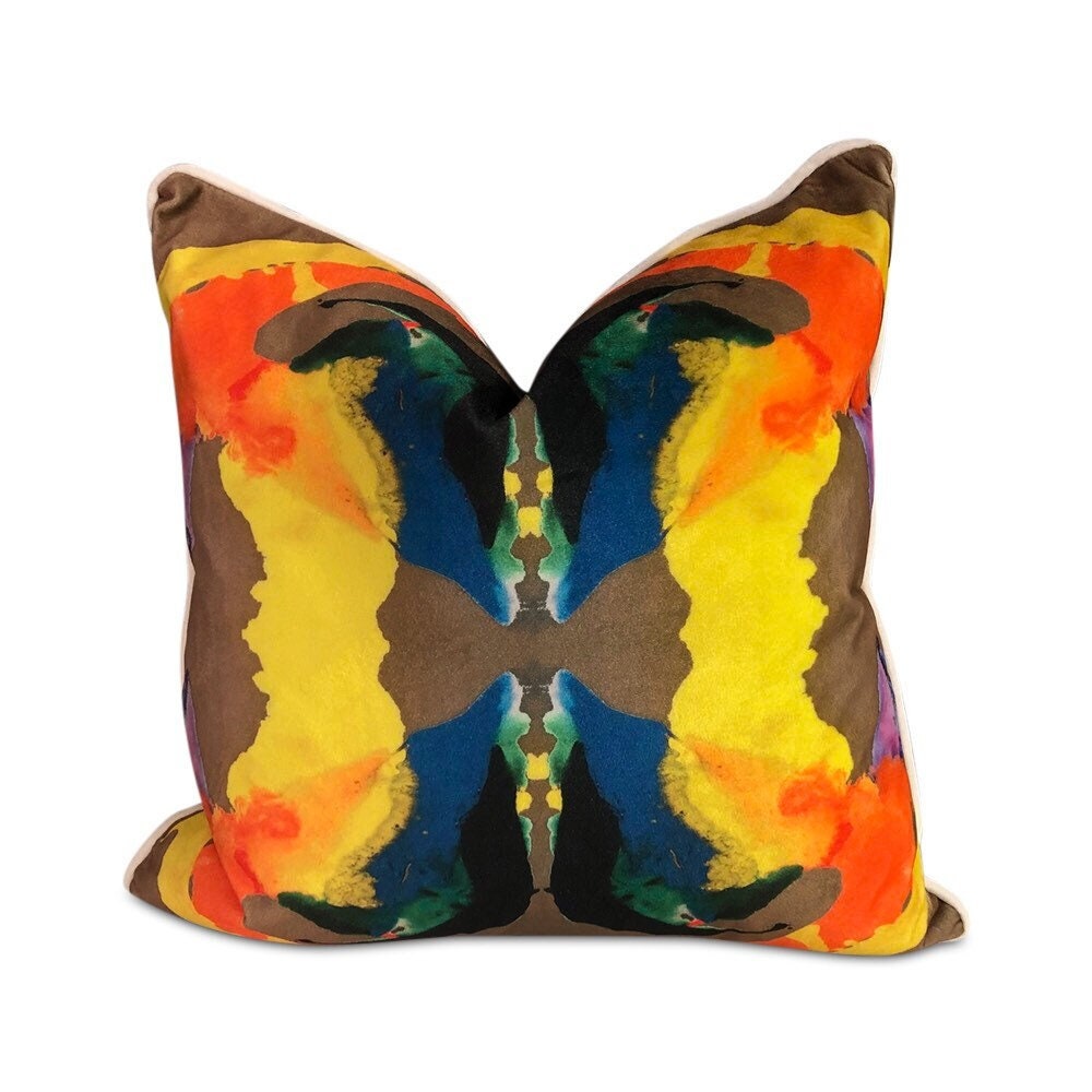 Contemporary abstract kaleidoscope pillows with print on velvet both sides with white piping 16” x 16” inches