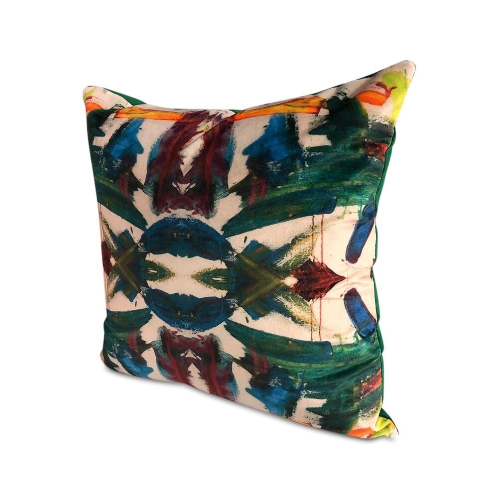 Contemporary abstract kaleidoscope pillows with print on velvet with green velvet in the back 16” x 16” inches