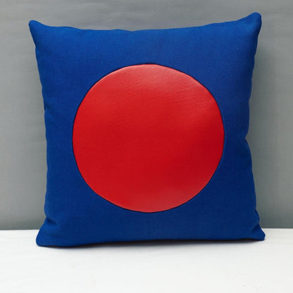 Blue canvas geometric handmade pillow 16 x 16” inches with red vinyl circle